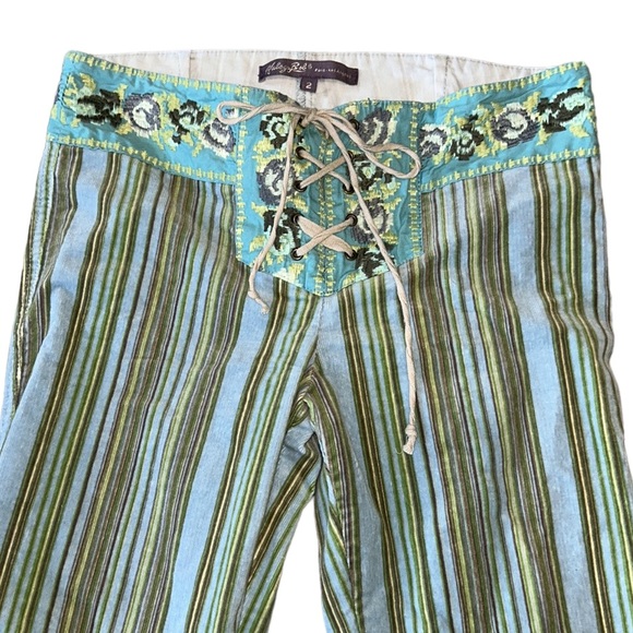 Hale Bob Vintage Retro Lace Up Striped Embroidered Corduroy Flared Pants - 2 - Picture 2 of 11